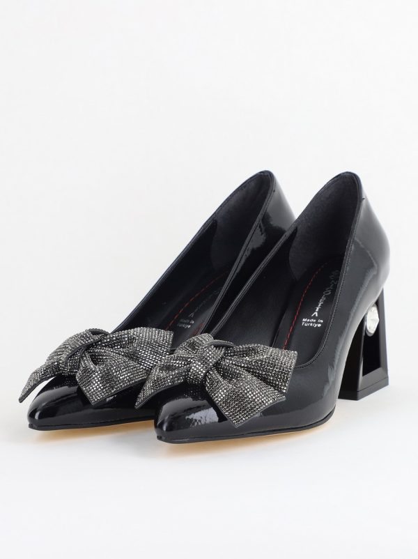 Pantofi Damă cu Toc Gros Piele Ecologică cu Fundiță Varf Ascutit culoare Negru - BS015AY2405576 119