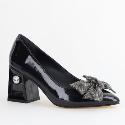 Pantofi Damă cu Toc Gros Piele Ecologică cu Fundiță Varf Ascutit culoare Negru - BS015AY2405576