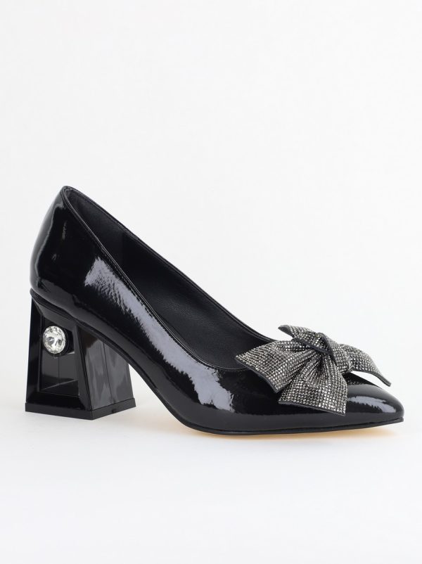 Pantofi Eleganti Dama - Pantofi Damă cu Toc Gros Piele Ecologică cu Fundiță Varf Ascutit culoare Negru - BS015AY2405576