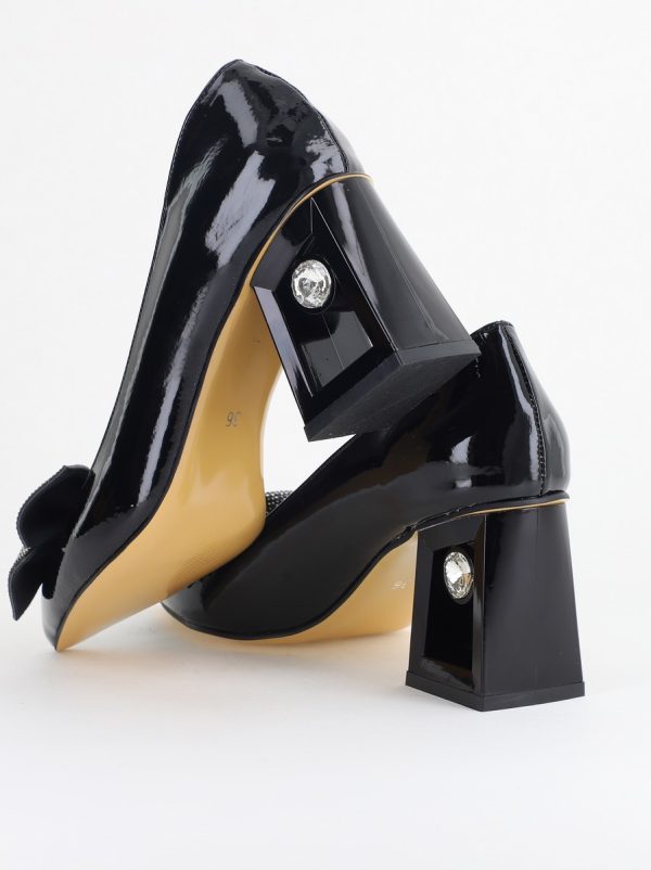 Pantofi Damă cu Toc Gros Piele Ecologică cu Fundiță Varf Ascutit culoare Negru - BS015AY2405576 123