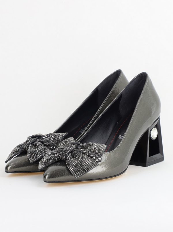 Pantofi Damă cu Toc Gros Piele Ecologică cu Fundiță Varf Ascutit culoare platina - BS015AY2405577 119