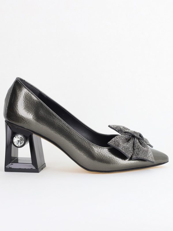Pantofi Damă cu Toc Gros Piele Ecologică cu Fundiță Varf Ascutit culoare platina - BS015AY2405577 120