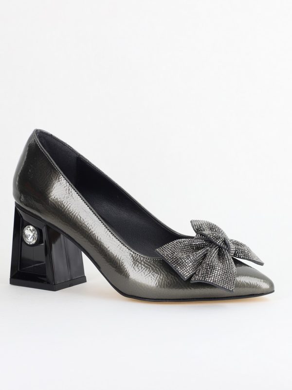 Pantofi Eleganti Dama - Pantofi Damă cu Toc Gros Piele Ecologică cu Fundiță Varf Ascutit culoare platina - BS015AY2405577