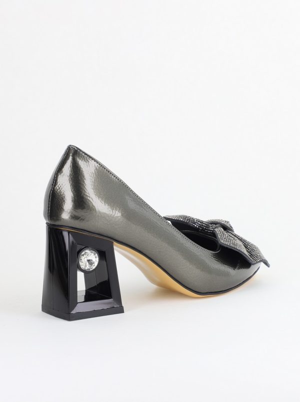 Pantofi Damă cu Toc Gros Piele Ecologică cu Fundiță Varf Ascutit culoare platina - BS015AY2405577 122