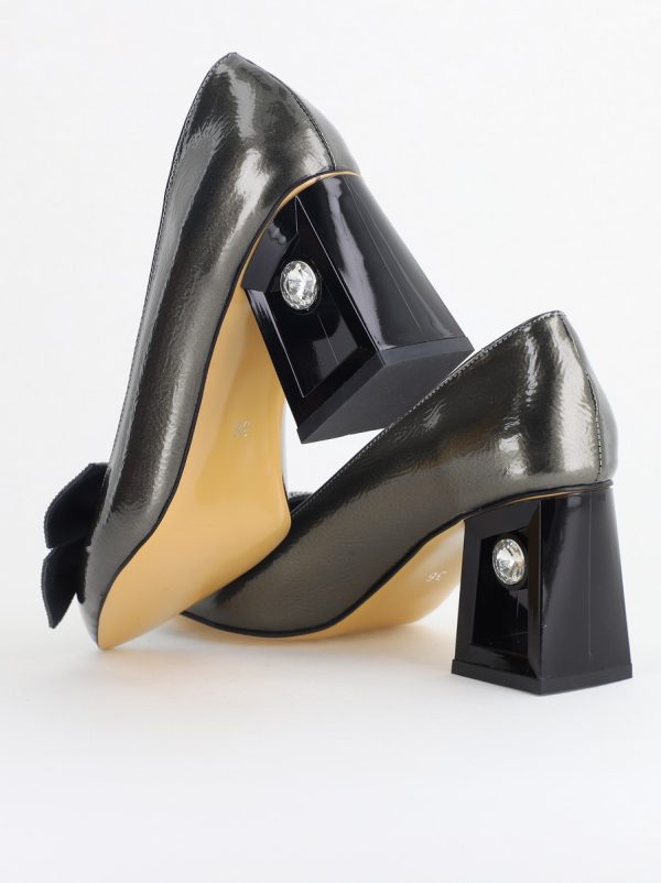 Pantofi Damă cu Toc Gros Piele Ecologică cu Fundiță Varf Ascutit culoare platina - BS015AY2405577 122