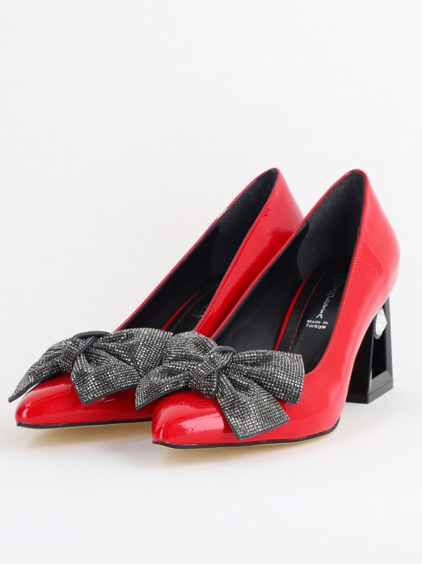 Pantofi Damă cu Toc Gros Piele Ecologică cu Fundiță Varf Ascutit culoare Roșu - BS015AY2405580 119