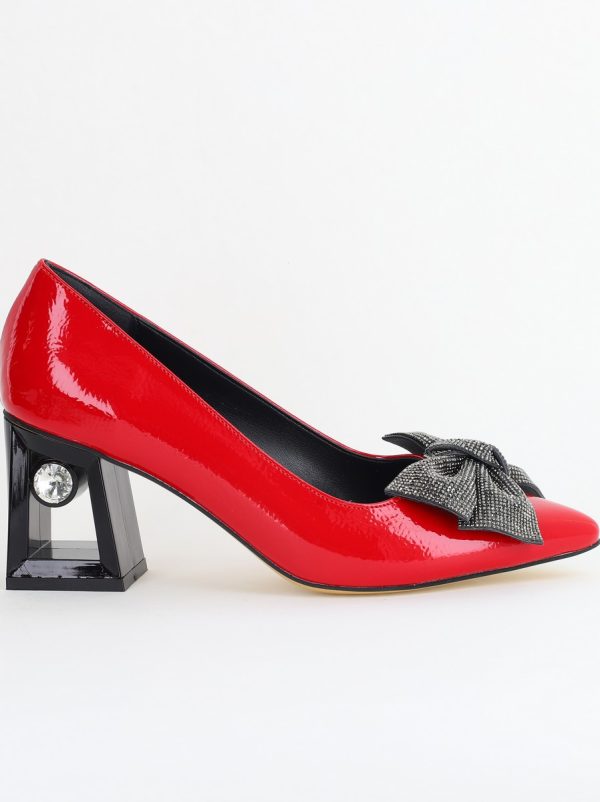 Pantofi Damă cu Toc Gros Piele Ecologică cu Fundiță Varf Ascutit culoare Roșu - BS015AY2405580 120