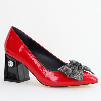 Pantofi Damă cu Toc Gros Piele Ecologică cu Fundiță Varf Ascutit culoare Roșu - BS015AY2405580