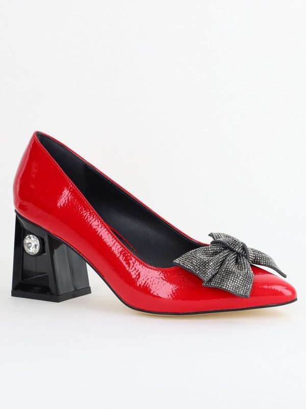 Incaltaminte Dama - Pantofi Damă cu Toc Gros Piele Ecologică cu Fundiță Varf Ascutit culoare Roșu - BS015AY2405580