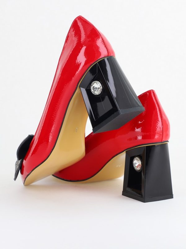 Pantofi Damă cu Toc Gros Piele Ecologică cu Fundiță Varf Ascutit culoare Roșu - BS015AY2405580 123