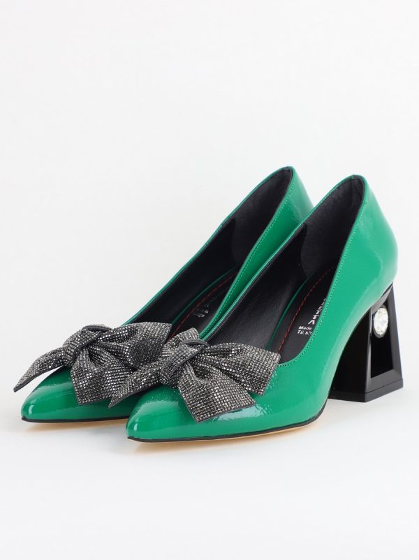 Pantofi Damă cu Toc Gros Piele Ecologică cu Fundiță Varf Ascutit culoare Verde - BS015AY2405578 119