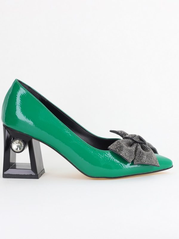 Pantofi Damă cu Toc Gros Piele Ecologică cu Fundiță Varf Ascutit culoare Verde - BS015AY2405578 120