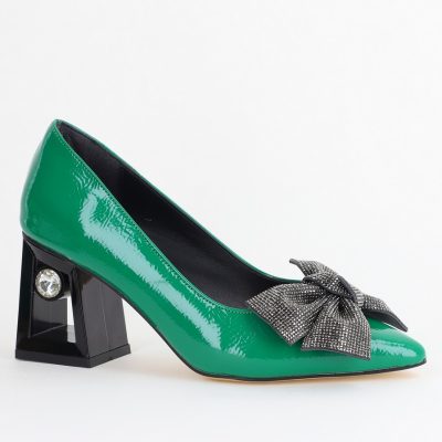 Pantofi Damă cu Toc Gros Piele Ecologică cu Fundiță Varf Ascutit culoare Verde - BS015AY2405578
