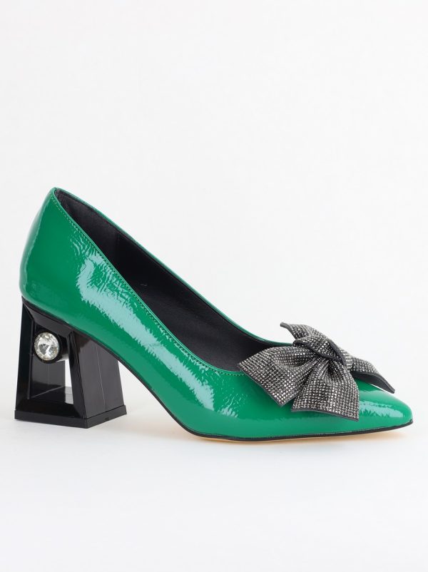 Incaltaminte Dama - Pantofi Damă cu Toc Gros Piele Ecologică cu Fundiță Varf Ascutit culoare Verde - BS015AY2405578