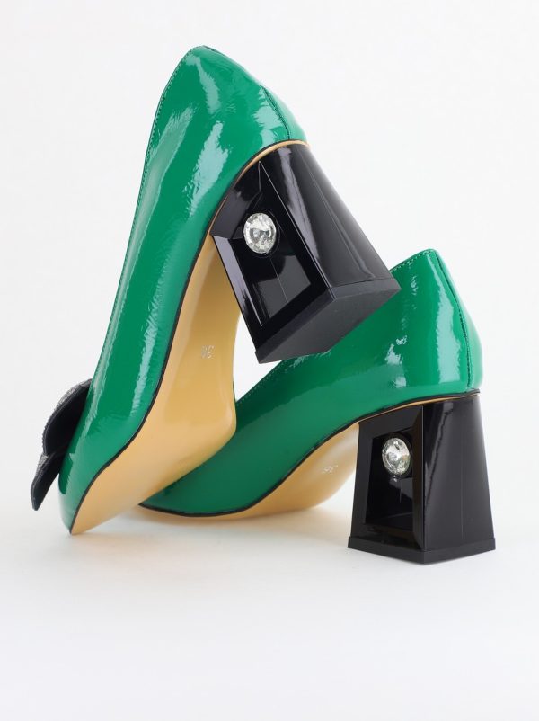 Pantofi Damă cu Toc Gros Piele Ecologică cu Fundiță Varf Ascutit culoare Verde - BS015AY2405578 122