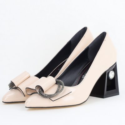 Pantofi Damă cu Toc Gros Piele Ecologică cu Pietricele Varf Ascutit culoare bej - BS21402AY2405558