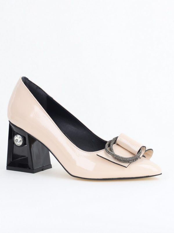 Pantofi cu Toc Gros Dama - Pantofi Damă cu Toc Gros Piele Ecologică cu Pietricele Varf Ascutit culoare bej - BS21402AY2405558