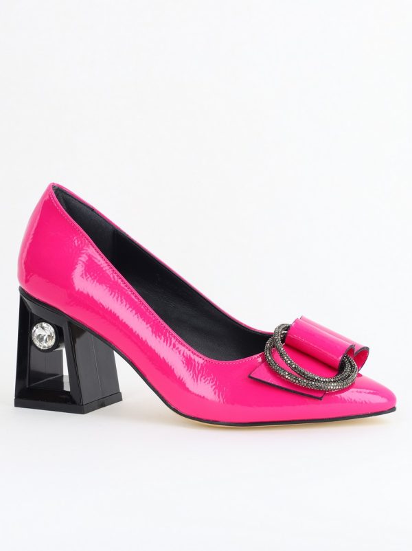 Pantofi Eleganti Dama - Pantofi Damă cu Toc Gros Piele Ecologică cu Pietricele Varf Ascutit culoare fuchsia- BS21402AY2405560