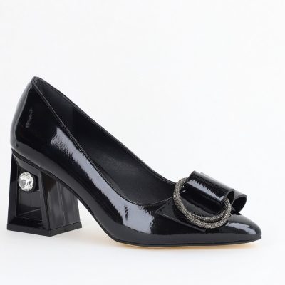 Pantofi Damă cu Toc Gros Piele Ecologică cu pietricele Varf Ascutit culoare Negru - BS21402AY2405563