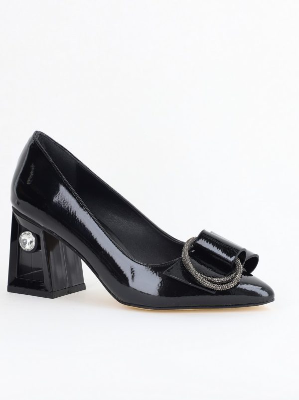 Pantofi Negrii cu Toc - Pantofi Damă cu Toc Gros Piele Ecologică cu pietricele Varf Ascutit culoare Negru - BS21402AY2405563