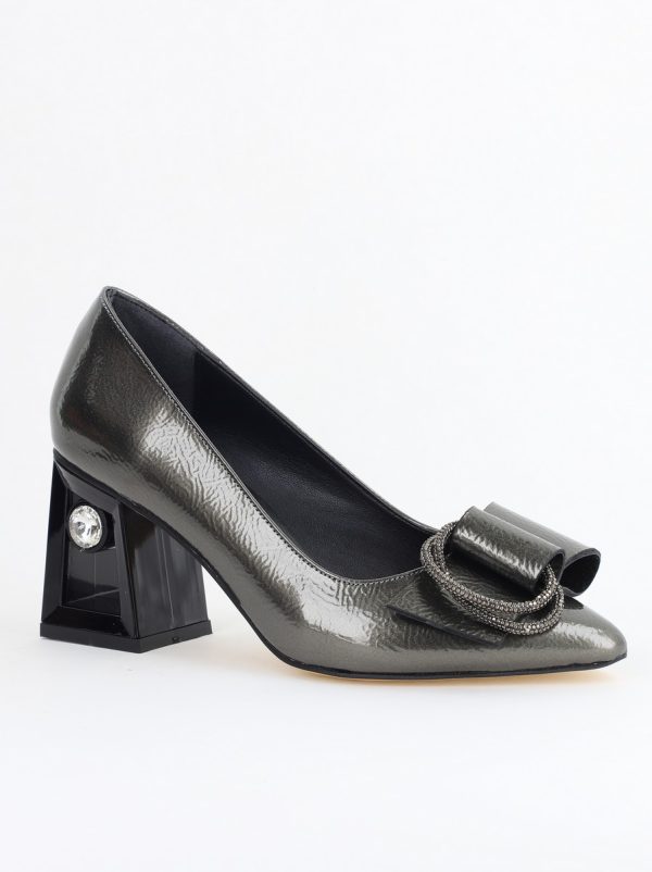 Pantofi cu Toc Dama - Pantofi Damă cu Toc Gros Piele Ecologică cu Pietricele Varf Ascutit culoare platina - BS21402AY2405557