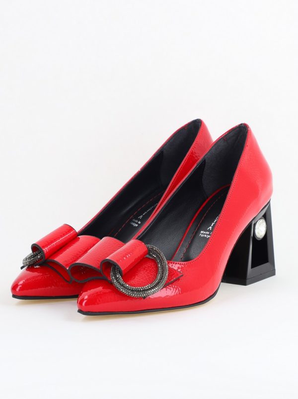 Pantofi Damă cu Toc Gros Piele Ecologică cu Pietricele Varf Ascutit culoare Roșu- BS21402AY2405561 119