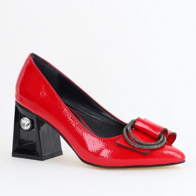 Pantofi Damă cu Toc Gros Piele Ecologică cu Pietricele Varf Ascutit culoare Roșu- BS21402AY2405561