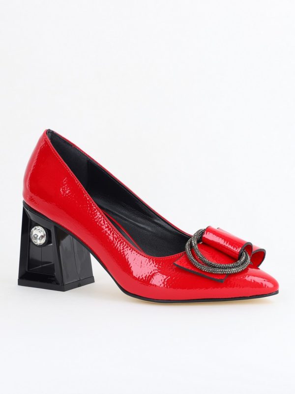 Incaltaminte Dama - Pantofi Damă cu Toc Gros Piele Ecologică cu Pietricele Varf Ascutit culoare Roșu- BS21402AY2405561