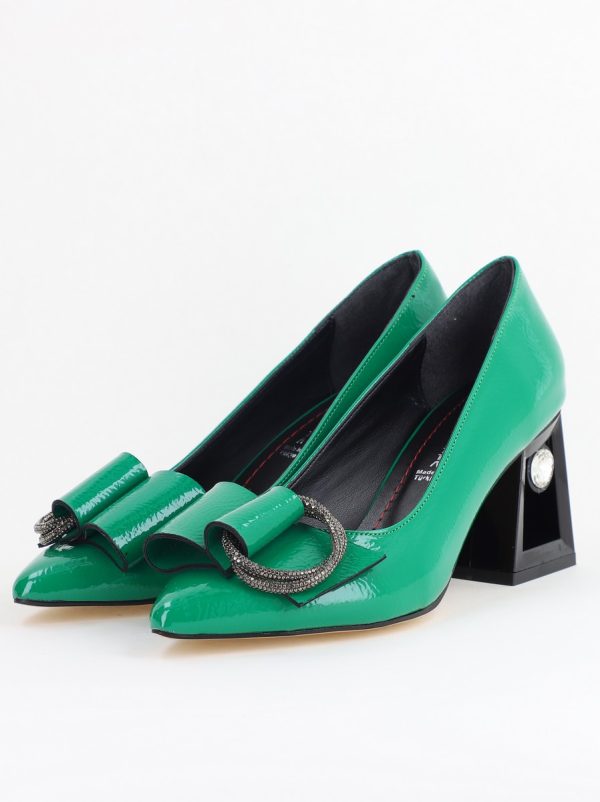 Pantofi Damă cu Toc Gros Piele Ecologică cu Pietricele Varf Ascutit culoare verde- BS21402AY2405559 119