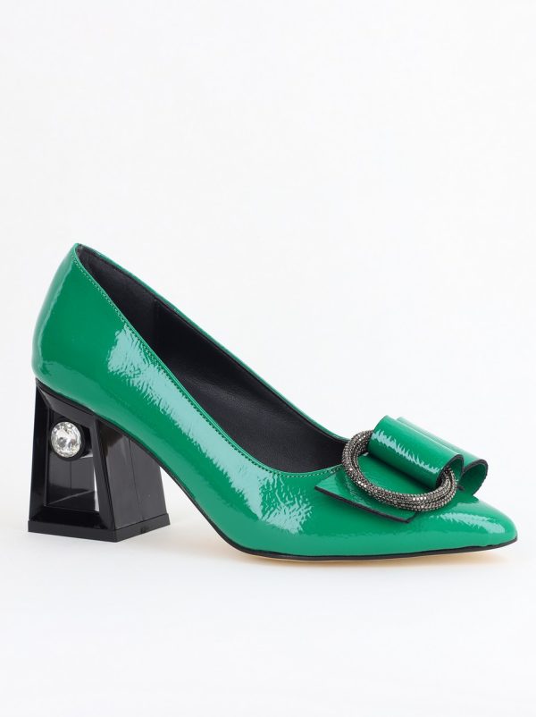 Incaltaminte Dama - Pantofi Damă cu Toc Gros Piele Ecologică cu Pietricele Varf Ascutit culoare verde- BS21402AY2405559