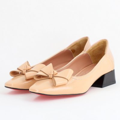 Pantofi Damă cu Toc Jos din Piele Ecologică cu fundiță Bej lac (BS502D2405619)