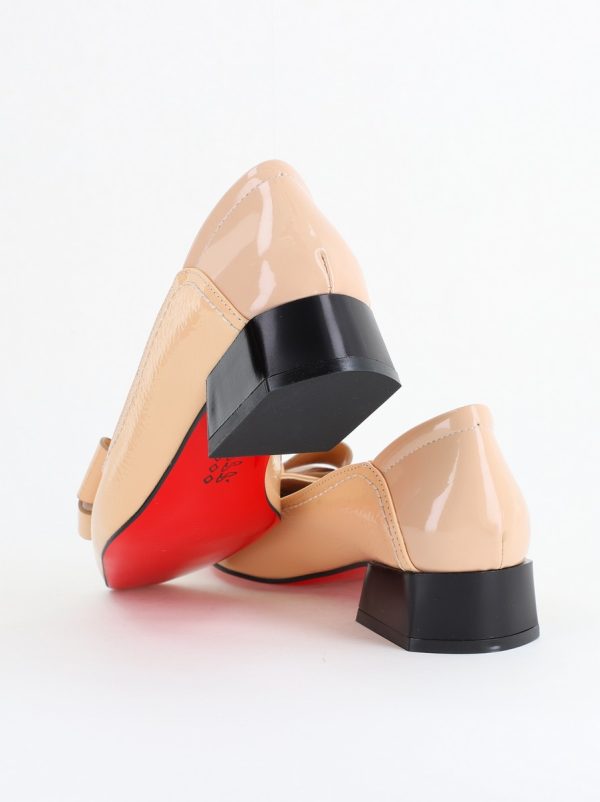 Pantofi Damă cu Toc Jos din Piele Ecologică cu fundiță Bej lac (BS502D2405619) 123