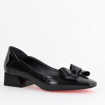 Pantofi Damă cu Toc Jos din Piele Ecologică cu fundiță Negri lac (BS502D2406664)