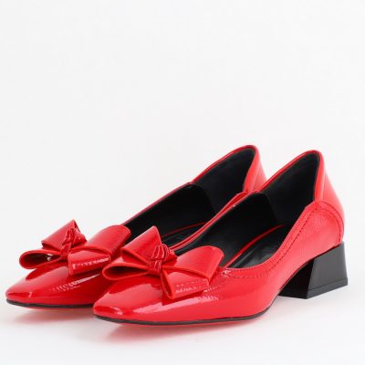 Pantofi Damă cu Toc Jos din Piele Ecologică cu fundiță Roșu lac (BS502D2405620)