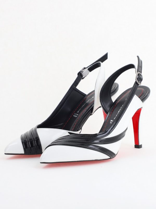 Pantofi Damă cu Toc Subțire din Piele Ecologică Alb-Negru BS793AY2405551 120