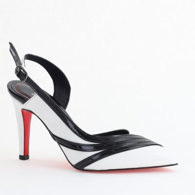 Pantofi Damă cu Toc Subțire din Piele Ecologică Alb-Negru BS793AY2405551