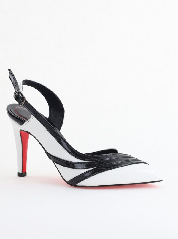 Incaltaminte Dama - Pantofi Damă cu Toc Subțire din Piele Ecologică Alb-Negru BS793AY2405551