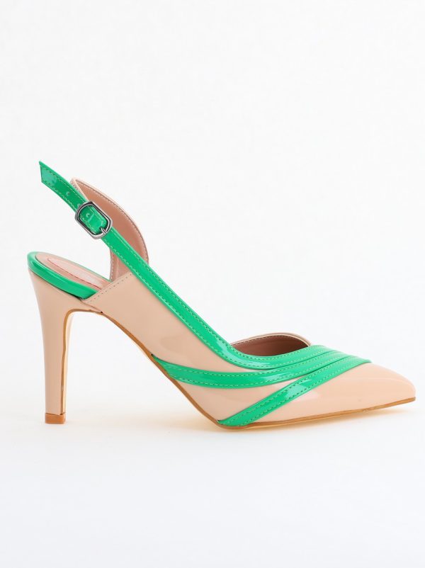 Pantofi Damă cu Toc Subțire din Piele Ecologică Bej-Verde BS793AY2405552 122
