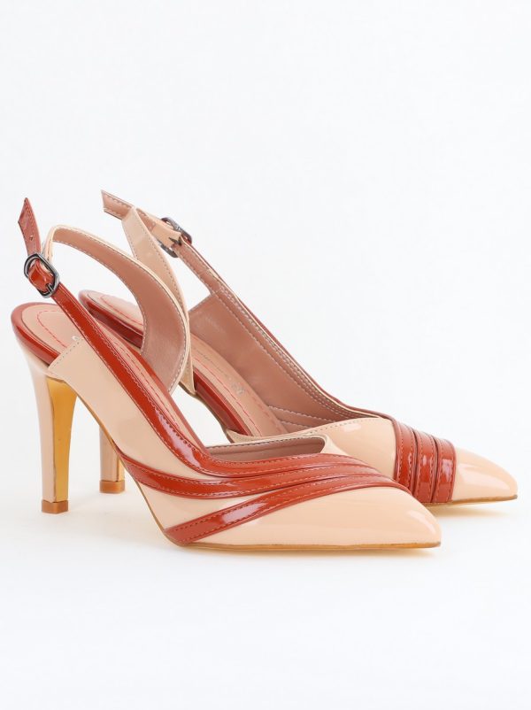 Pantofi Damă cu Toc Subțire din Piele Ecologică Bej-Maro BS793AY2405548 120