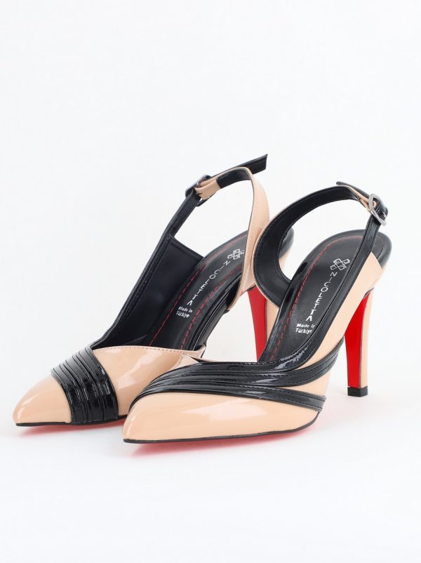 Pantofi Damă cu Toc Subțire din Piele Ecologică  Bej-Negru BS793AY2405550 120