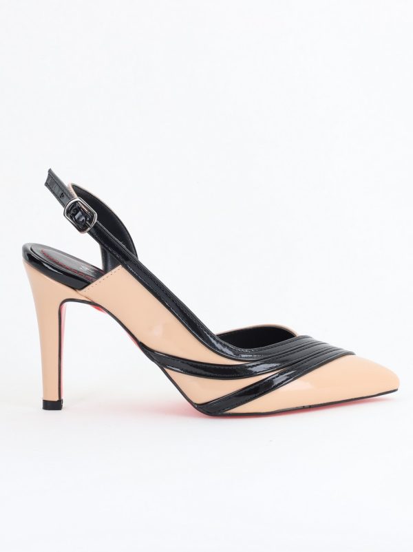 Pantofi Damă cu Toc Subțire din Piele Ecologică  Bej-Negru BS793AY2405550 122