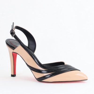 Pantofi Damă cu Toc Subțire din Piele Ecologică  Bej-Negru BS793AY2405550