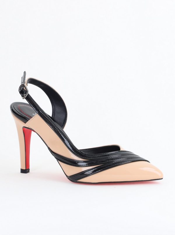Incaltaminte Dama - Pantofi Damă cu Toc Subțire din Piele Ecologică  Bej-Negru BS793AY2405550