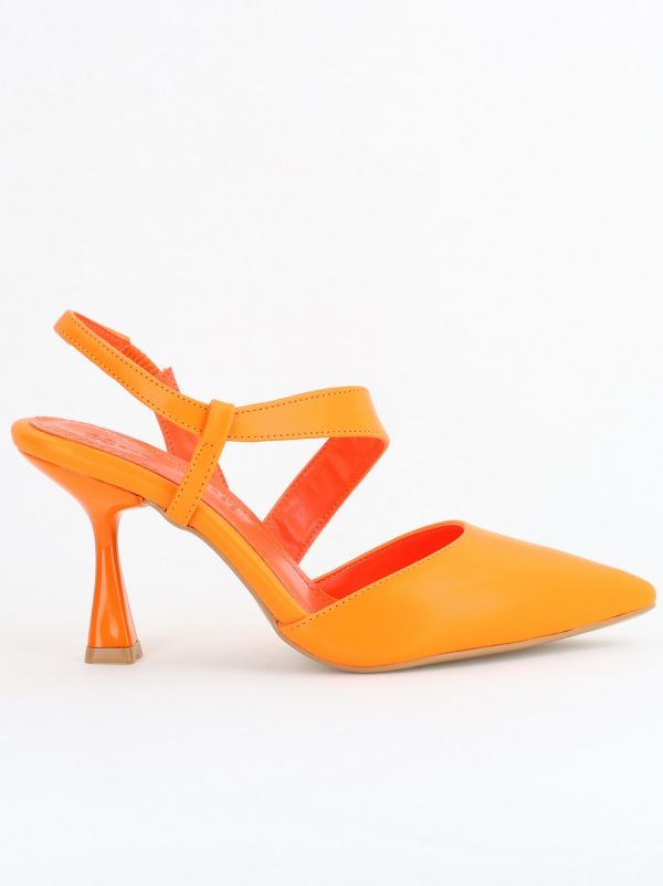 Pantofi Damă cu Toc Subțire din Piele Ecologică cu elastic Portocaliu BS610AY2405596 122