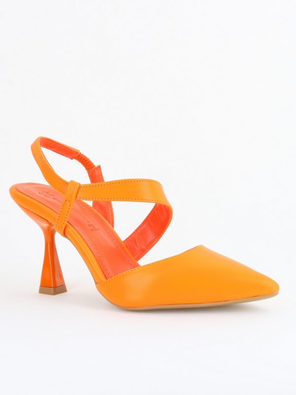 Incaltaminte Dama - Pantofi Damă cu Toc Subțire din Piele Ecologică cu elastic Portocaliu BS610AY2405596