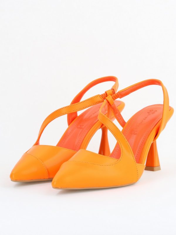 Pantofi Damă cu Toc Subțire din Piele Ecologică cu elastic Portocaliu BS805AY2405595 119