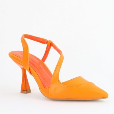 Pantofi Damă cu Toc Subțire din Piele Ecologică cu elastic Portocaliu BS805AY2405595
