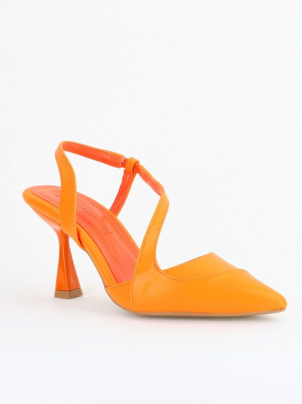 Incaltaminte Dama - Pantofi Damă cu Toc Subțire din Piele Ecologică cu elastic Portocaliu BS805AY2405595