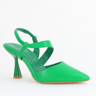 Pantofi Damă cu Toc Subțire din Piele Ecologică cu elastic Verde BS610AY2405598
