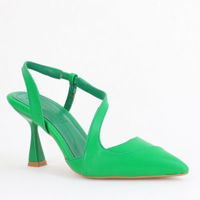 Pantofi Damă cu Toc Subțire din Piele Ecologică cu elastic Verde BS805AY2405593